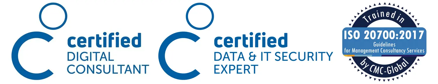 Zertifizierungen: Certified Digital Consultant, Certified Data & IT Security Expert und ISO 20700